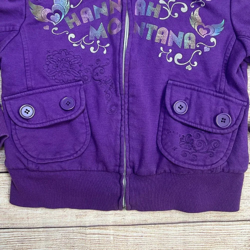 Disney Hannah Montana Purple Zip Hoodie Jacket Girls Size 7/8 Embroidered Pocket